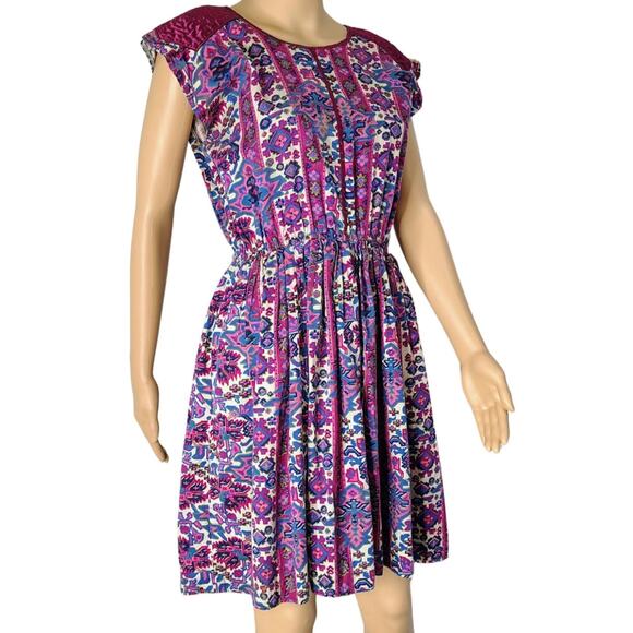 Ark Reworks Purple Vintage Fabric Fit Flare Quilted Yoke Midi Dress Size Medium - Picture 1 of 10